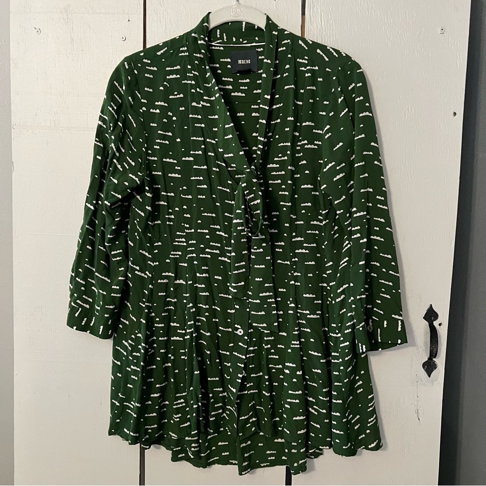 Anthropologie Maeve Novelty Cloud Print Tie Front Blouse Green  Women's Size S